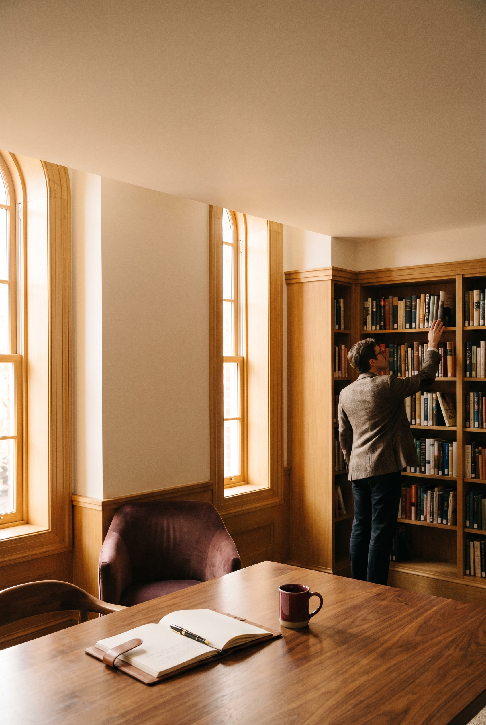 Photographie éditoriale : salle de documentation boisée baignée de lumière, avec grande table en bois, carnet ouvert et tasse, et une personne consultant une bibliothèque aux rayonnages garnis d'ouvrages.