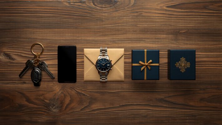 Sur un plan de travail en bois, cinq objets alignés : un trousseau de clés, un smartphone, une montre-bracelet, une enveloppe kraft nouée d'un ruban et deux écrins cadeaux foncés.