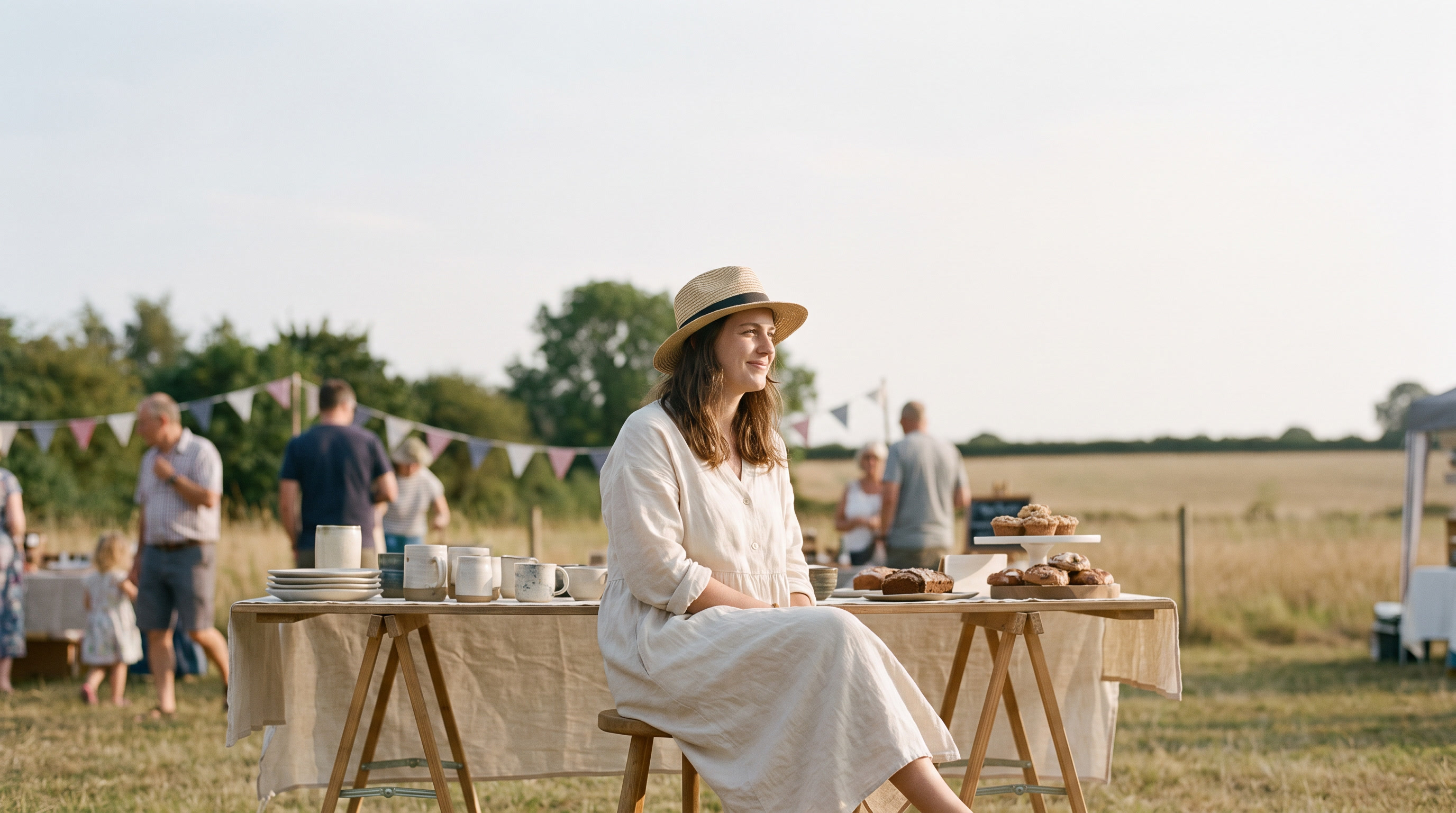 Une femme au chapeau de paille, en robe claire, assise à un stand de fête associative estivale en plein air : guirlande de fanions, pâtisseries et tasses sur la table, prairie et visiteurs en arrière-plan sous le soleil.