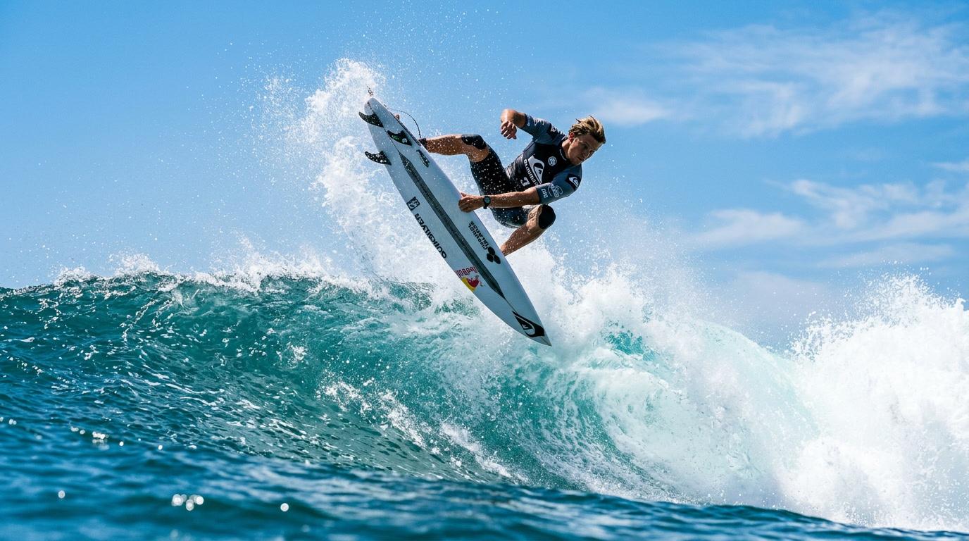 Plage ensoleillée avec un surfeur, illustrant le dossier sur la tombola d'été.